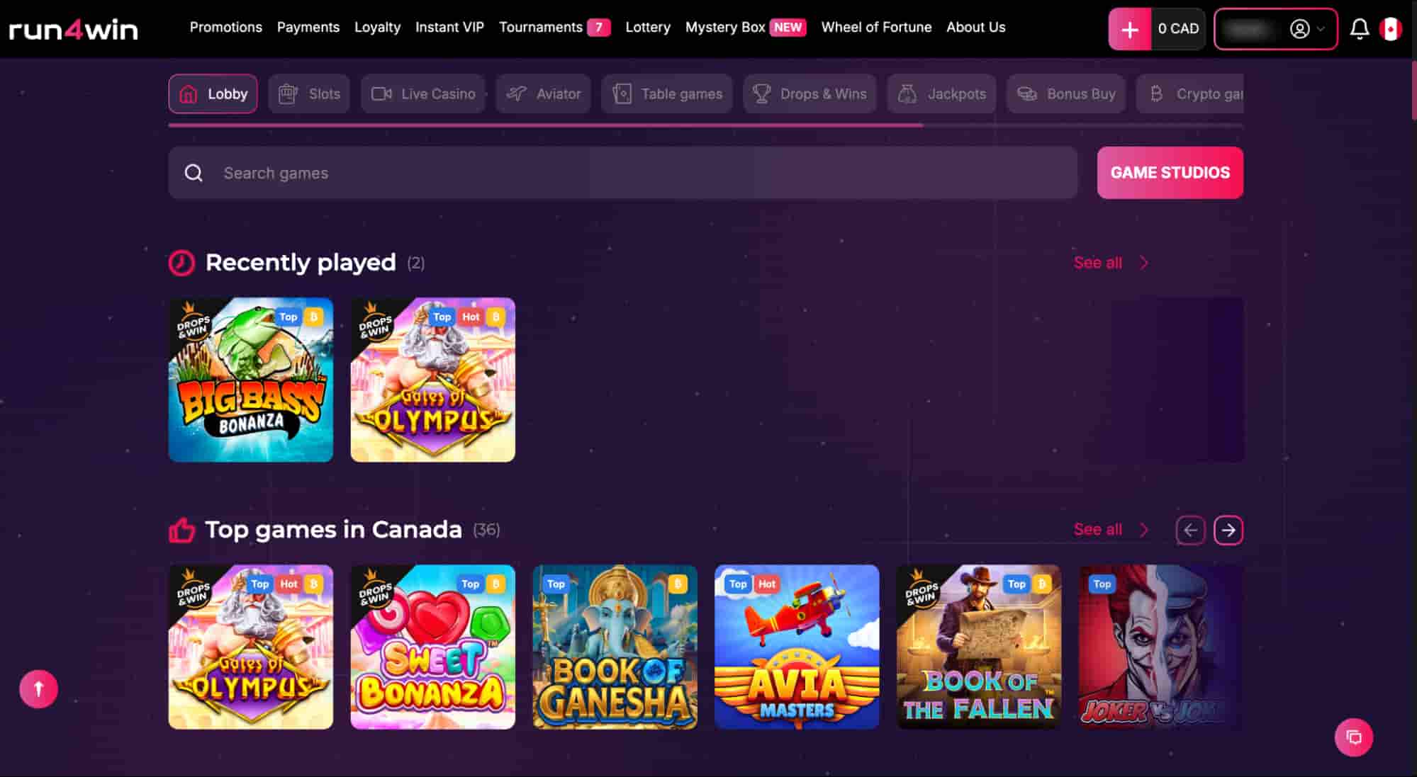 Run4Win Casino game lobby – slot games grid